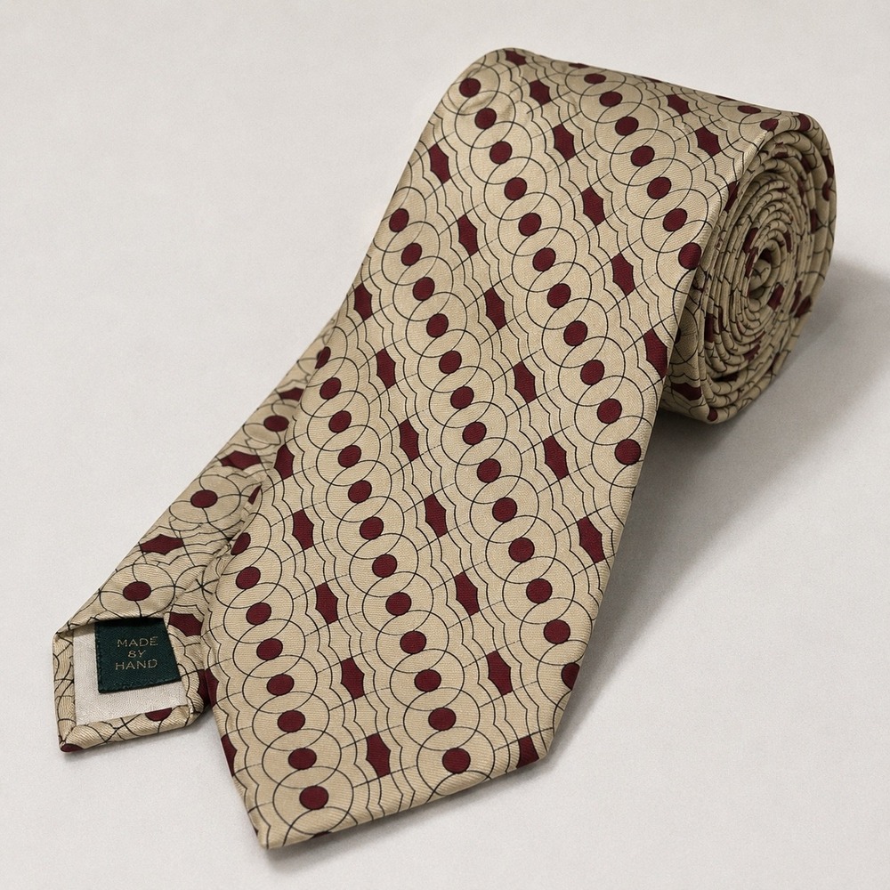 J.Crew Necktie Mens Cream Burgundy Geometric Circles 100% Silk Hand Made USA VTG